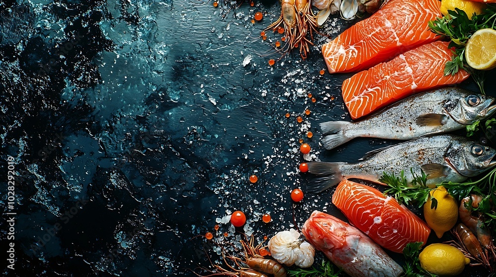 Poster fresh fish and seafood assortment on black slate background top view copy space : generative ai