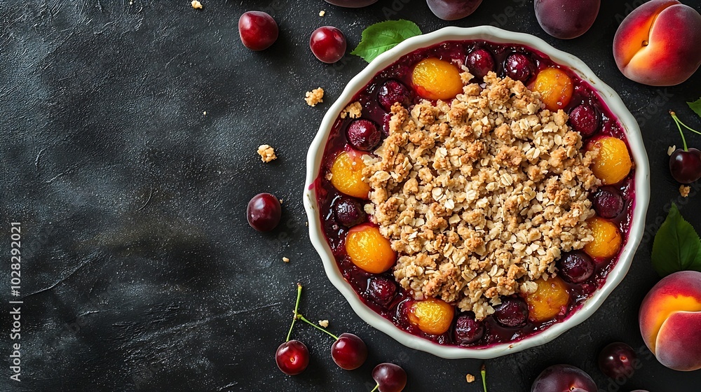 Poster cherry and peach crumble in a baking dish top view copy space : generative ai