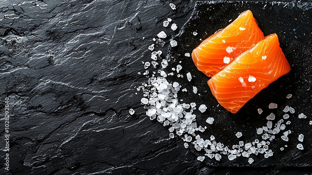 Poster salmon fillet with sea salt on slate dark background close up top view : generative ai