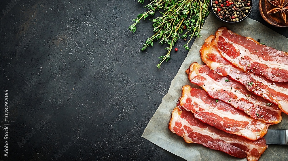 Aufkleber Raw bacon slices with herbs spices and knife on parchment paper Grey background Copy space Top view : Generative AI