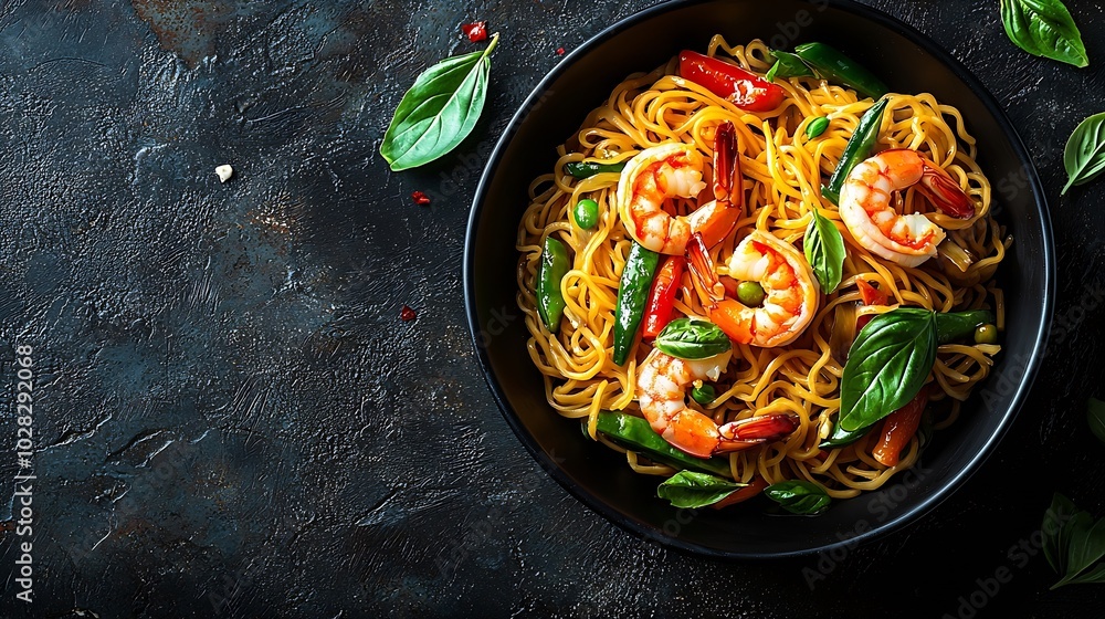 Poster stir fry noodles with vegetables and shrimps in black bowl slate background top view copy space : ge