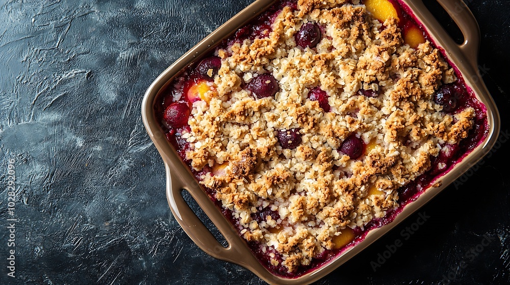 Poster cherry and peach crumble in a baking dish top view copy space : generative ai
