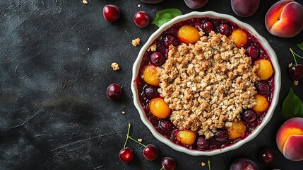 Fototapeta premium Cherry and peach crumble in a baking dish Top view Copy space : Generative AI