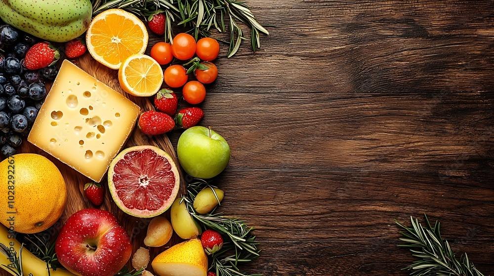 Poster cheese and fruits assortment on cutting board on wooden background top view : generative ai