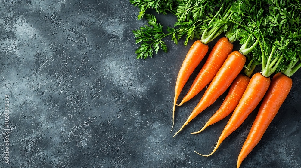 Poster Fresh carrots bunch on a grey stone background Top view Copy space : Generative AI