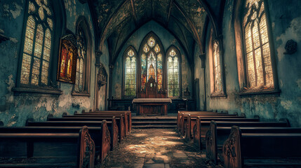A creepy old church with stained glass windows and a chilling atmosphere.