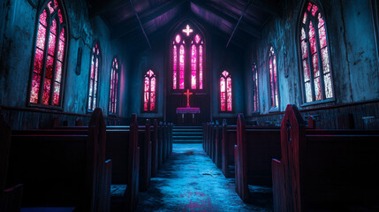 A creepy old church with stained glass windows and a chilling atmosphere.