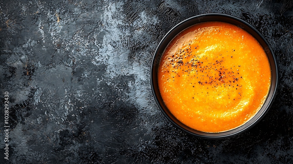 Poster pumpkin carrot cream soup grey textile background copy space : generative ai