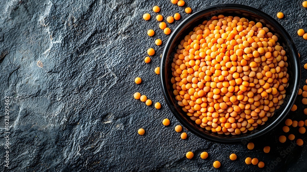 Poster yellow lentil in a black bowl on grey stone background top view copy space : generative ai