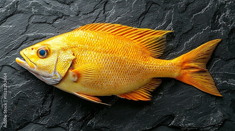 Poster dorado fish on a slate board black stone background top view : generative ai