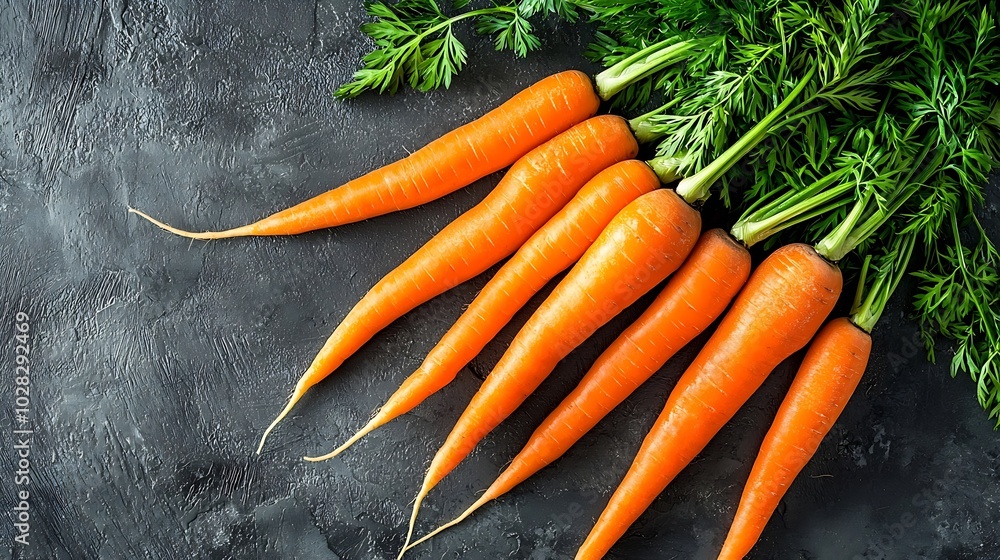 Poster fresh carrots bunch on a grey wooden background copy space top view : generative ai