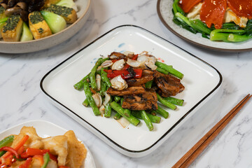 Stir-Fried Vegetarian Pork Belly, Green Beans and Lily with Pickled Olives Vegetables