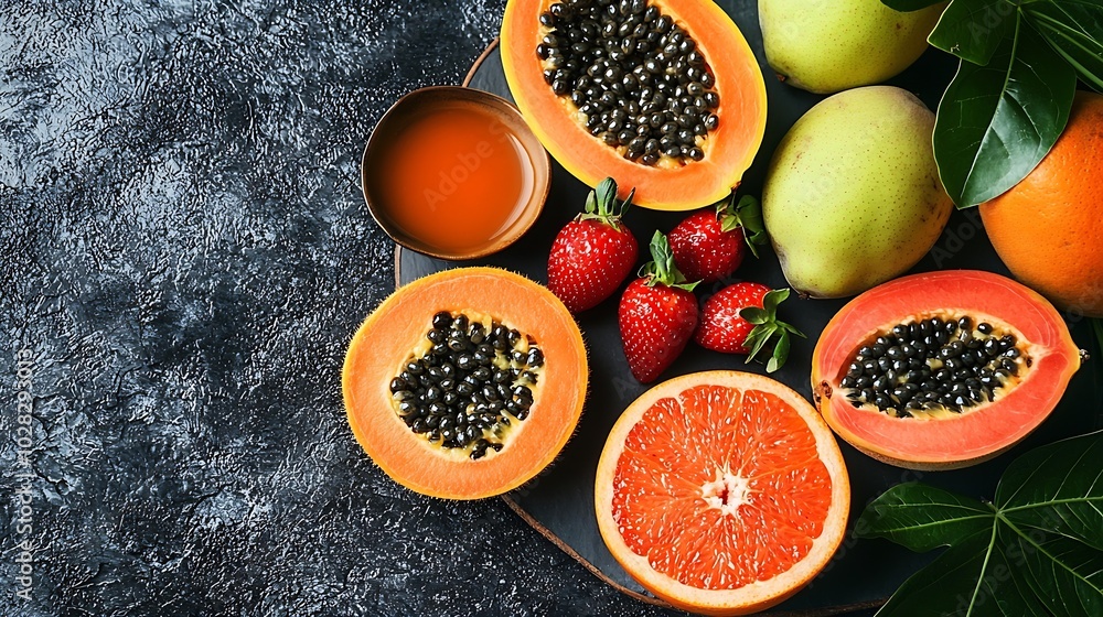 Poster tropical fruits assortment on a plate slate background copy space top view : generative ai