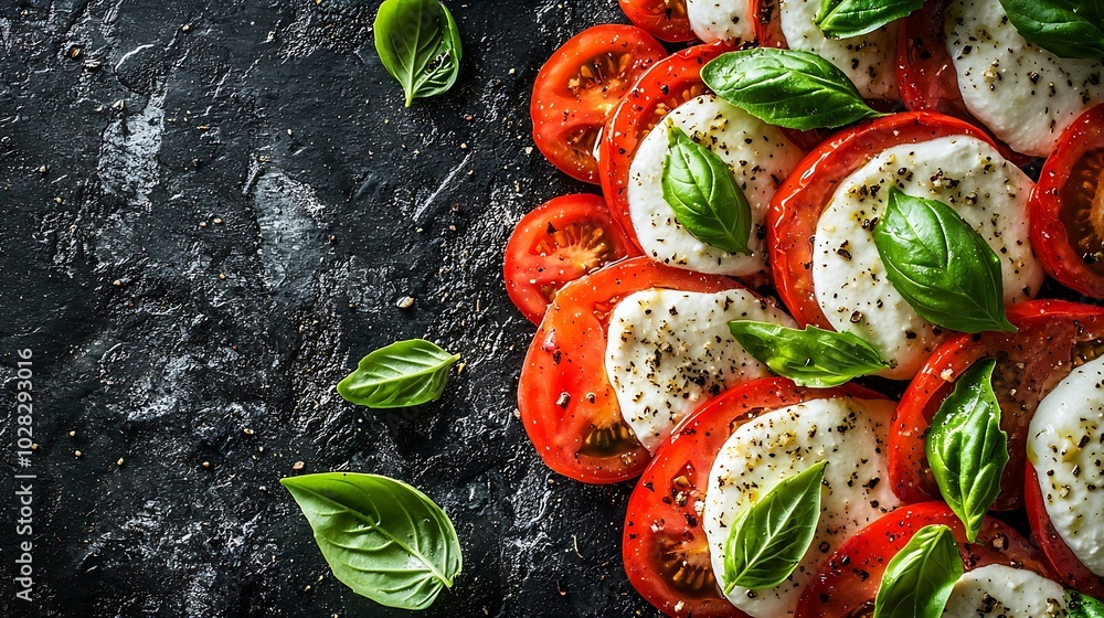 Poster caprese salad with tomatoes mozzarella cheese basil dark background close up top view : generative a