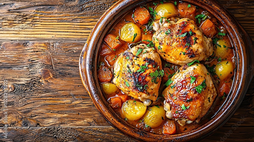 Poster tagine with cooked chicken and vegetables wooden background copy space top view : generative ai