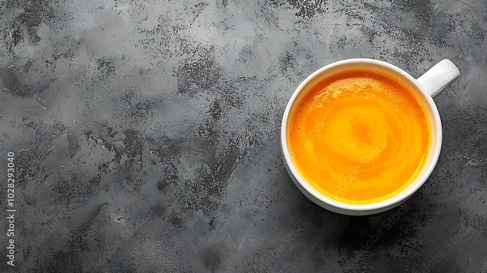 Aufkleber pumpkin vegetable cream soup in white pot and bowl grey background copy space top view : generative 