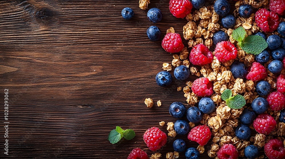 Poster crumble with berries brown wooden background top view copy space : generative ai