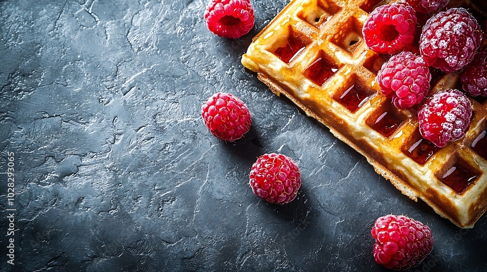 Poster Belgian waffles with maple syrup and fresh raspberry Grey background : Generative AI