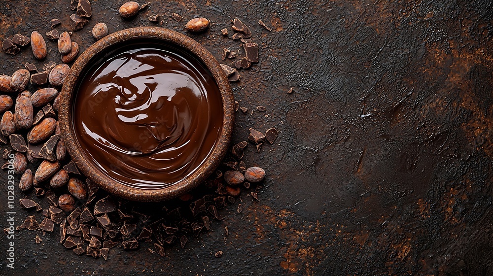 Poster bowl of melted chocolate on a crushed raw cocoa beans nibs background copy space top view : generati