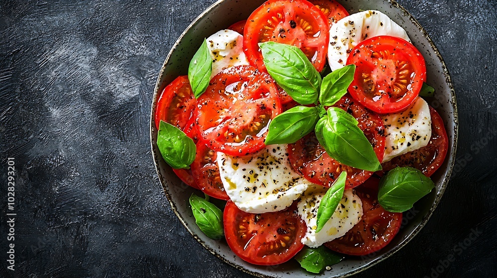 Poster caprese salad with tomatoes mozzarella burrata cheese and basil grey background close up top view : 