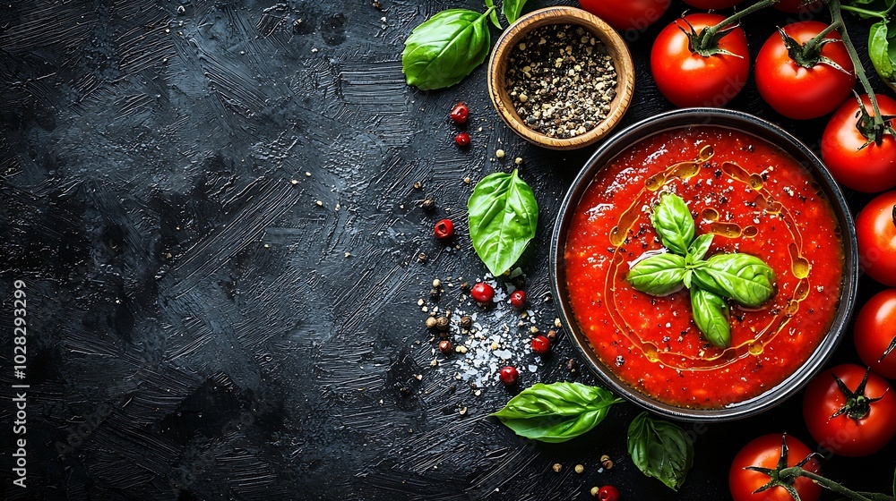 Poster Tomato soup with basil in a bowl Grey background Copy space : Generative AI