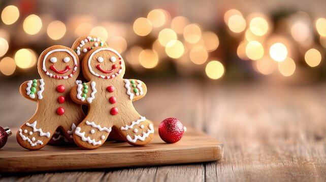 Two festive gingerbread cookies on a wooden table, decorated with icing and surrounded by sparkling holiday lights.