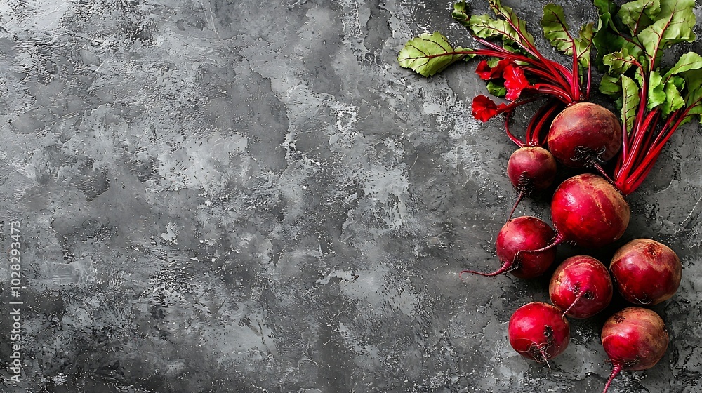 Poster beet beetroot bunch on grey wooden background top view copy space : generative ai