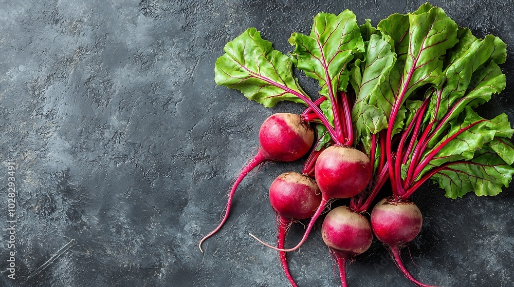 Aufkleber beet beetroot bunch on grey stone background copy space top view : generative ai
