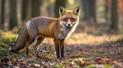 Fototapeta premium A close-up of a wild red fox in a forest clearing, its fur illuminated by a beam of sunlight.