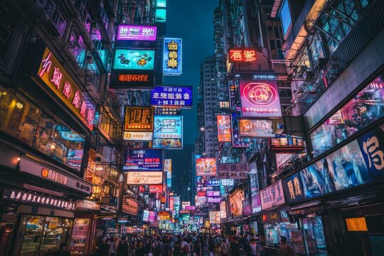 A bustling street in a city at night with neon signs illuminating the buildings and the crowd of people below.