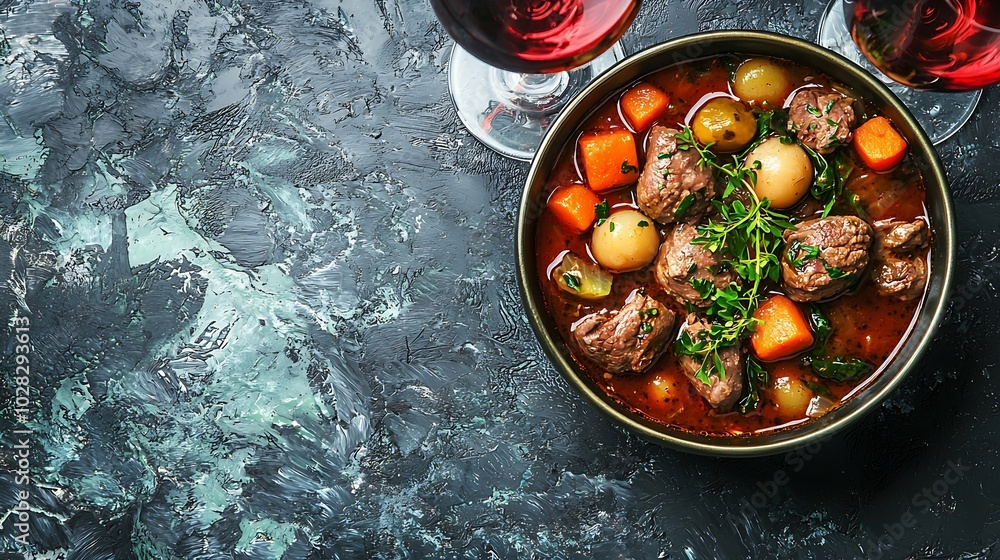 Aufkleber Beef bourguignon stew with vegetables and red wine Grey background Top view : Generative AI
