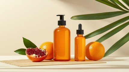 Fresh and modern, these vegan skincare products are presented with minimalist aesthetic. vibrant orange hues of bottles and fruit create sense of energy and vitality