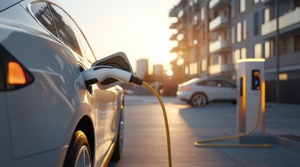 silver electric car charging at public charging station in city at sunset. car is plugged into charger, and cable is yellow. sun is setting in background, casting warm glow on scene