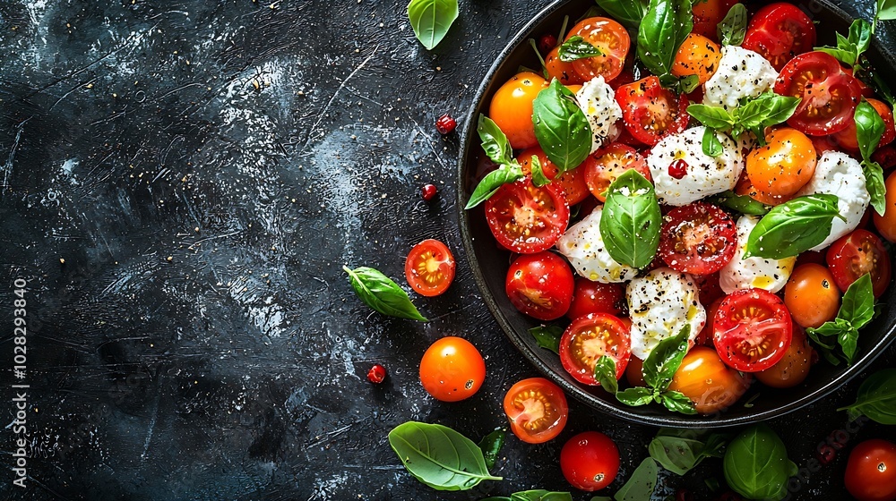 Poster caprese salad with tomatoes burrata cheese and basil grey background close up top view : generative 