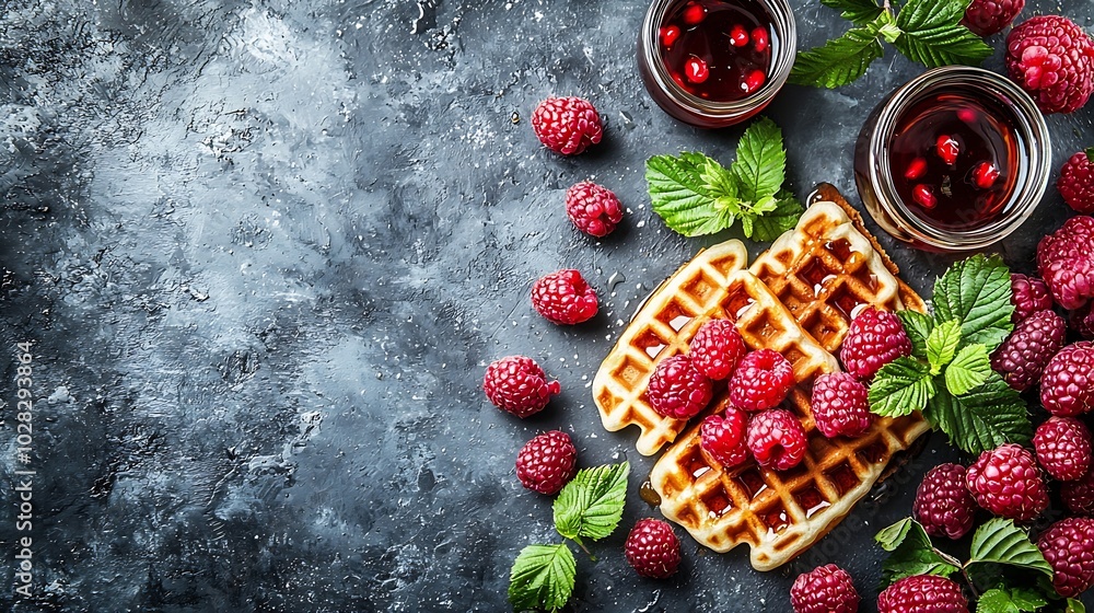 Poster Belgian waffles with maple syrup and fresh raspberry Grey background Close up : Generative AI