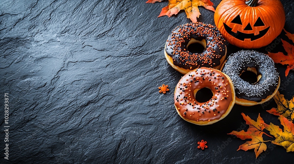 Poster donuts with halloween decoration icing on black slate background top view copy space : generative ai
