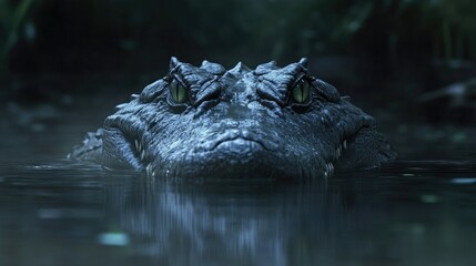 Naklejka premium A fierce-looking crocodile partially submerged in a murky river, eyes just above the surface.