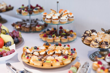 Different kinds of beautiful pastry, small colorful sweet cakes, macaron, and other dessert in the sweet buffet