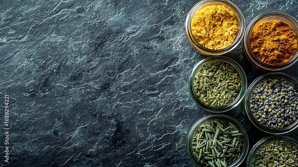 Poster spices in jars lemongrass fenugreek cumin seeds slate background top view copy space : generative ai