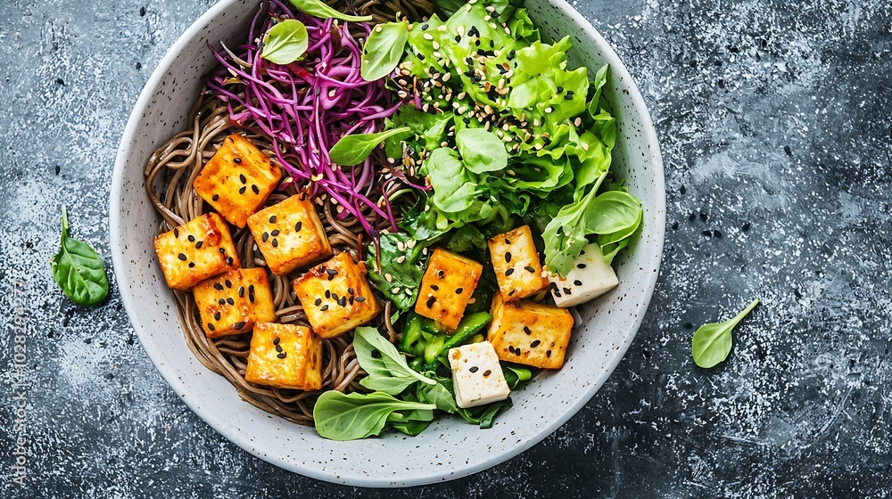 Poster Soba noodles with vegetables and fried tofu in a bowl Grey background Top view Close up : Generative AI