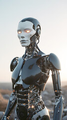 Naklejka premium The robot is black and has a human-like body, including a head, torso, and limbs. It is standing on a rocky surface