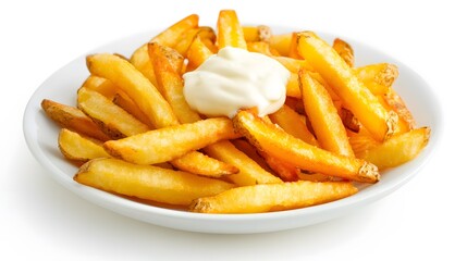French fries potatoes with mayonnaise on a dish isolated on white background. 