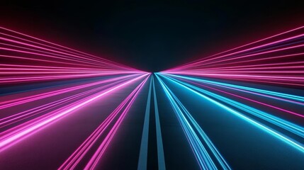 Fototapeta premium Abstract neon road with flowing pink and blue laser lights, creating a sense of high-speed movement and futuristic energy in a dark space