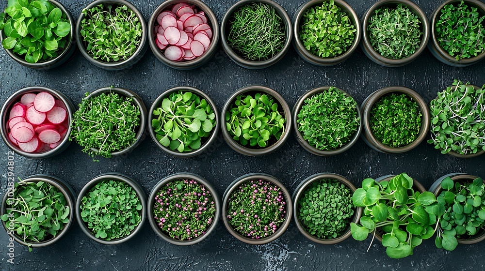 Poster assortment of micro herbs chives radish sunflower chervil sprouts in containers grey background copy