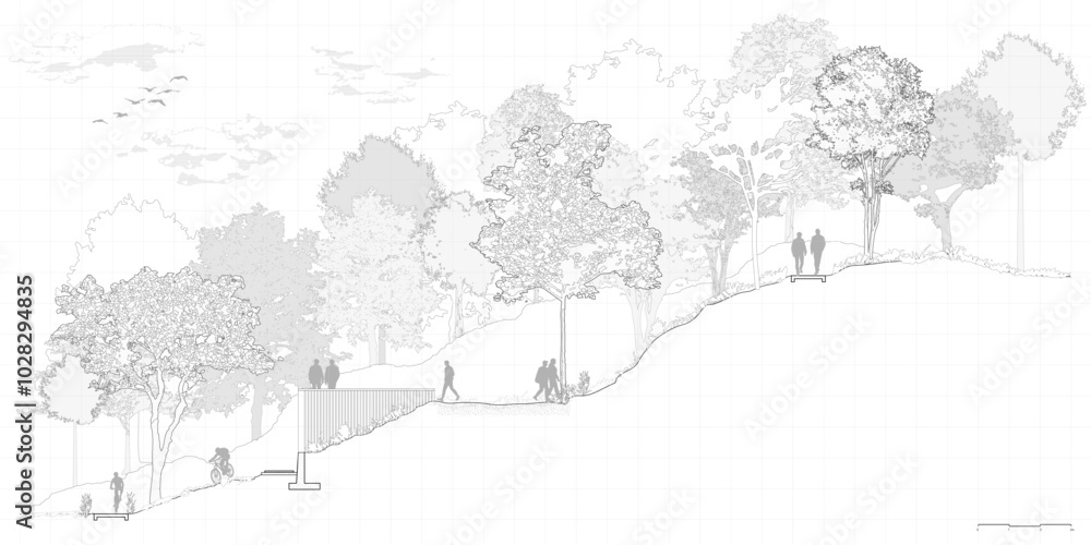 Poster architectural drawings, minimal style cad tree line drawing, side view, set of section mountian fore