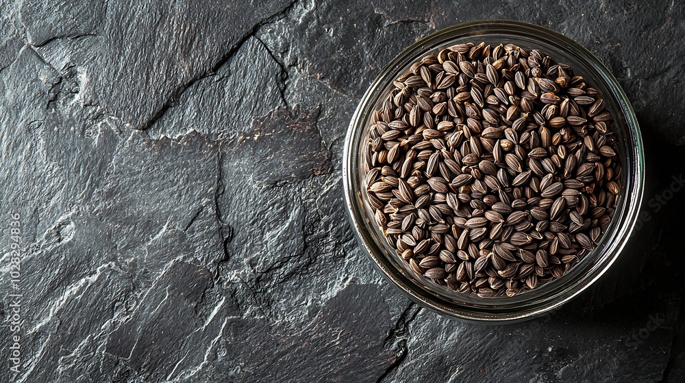 Poster Cumin seeds in a jar on grey stone background Top view Copy space : Generative AI