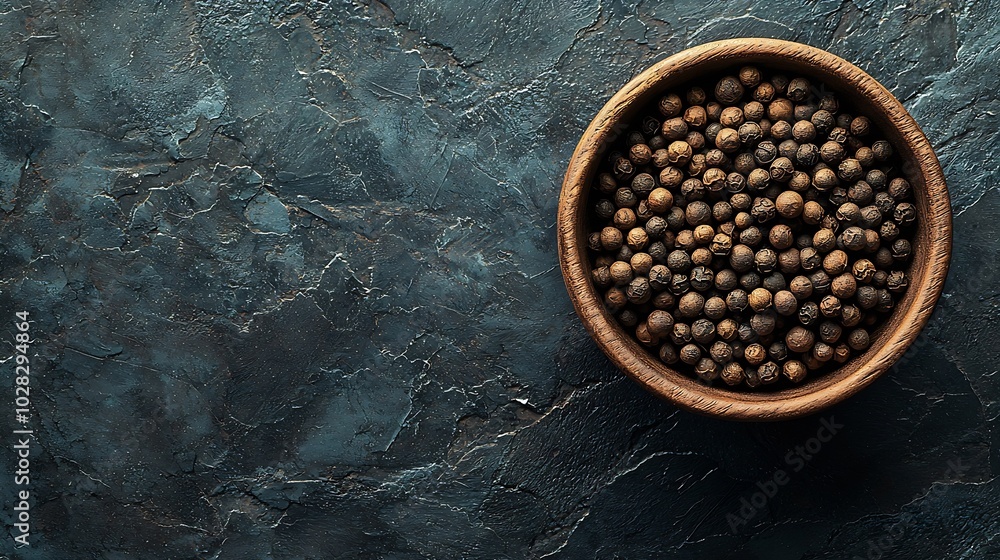 Poster black pepper peppercorns in bowl grey slate background copy space top view : generative ai