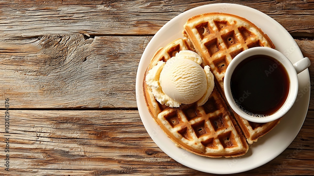 Aufkleber whole wheat waffles with ice cream maple syrup and coffee wooden background close up : generative ai