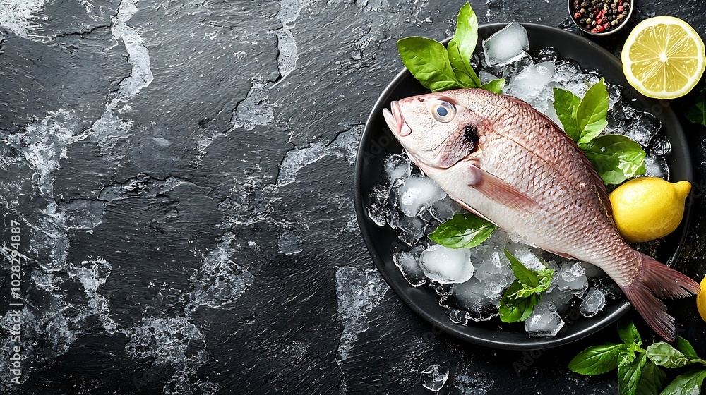 Poster dorado raw fish on a plate with ice and lemon black slate background top view : generative ai