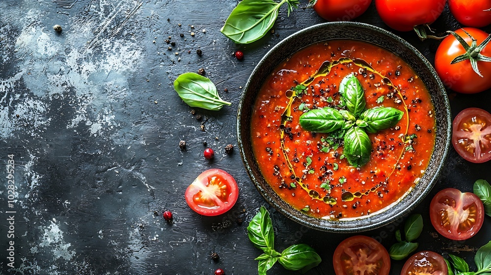 Poster Tomato soup with basil in a bowl Grey background Close up Top view : Generative AI